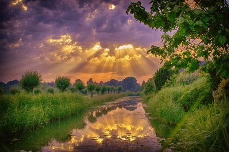 Summer landscape - sunshine, sky, trees, landscape, water, summer, nature, reflection, clouds, rivers, grass