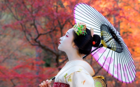 Geisha - geisha, girl, pink, orange, oriental, white, umbrella, woman, model, asian, japanese