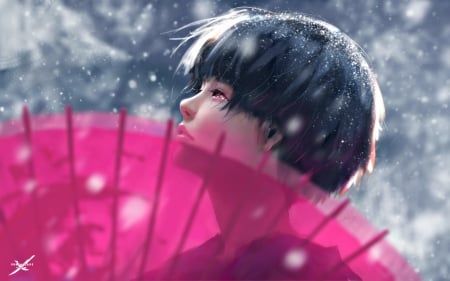 Watcher - winter, wlop, snow, girl, pink, fantasy, umbrella, art, luminos