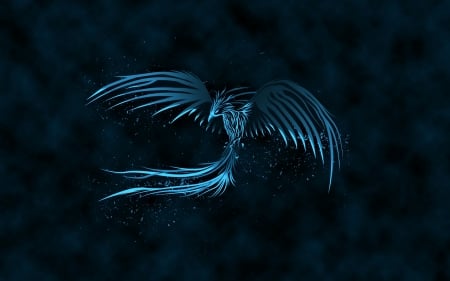 Blue Phoenix - bird, black, blue phoenix, fantasy, wings, feather, dark, luminos