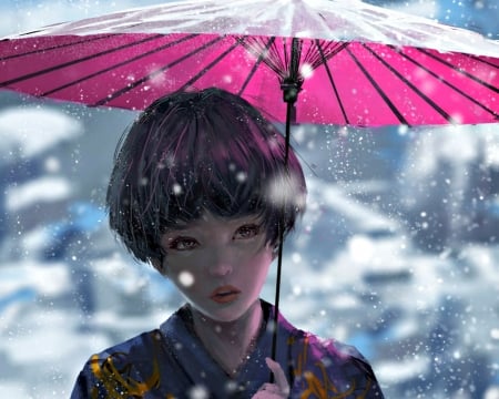 Snow - winter, blue, wlop, snow, girl, pink, fantasy, umbrella, art, luminos