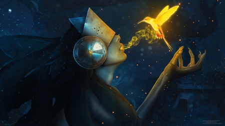 Lifemaiden - woman, girl, thebakaarts, fantasy, bird, lifemaiden, art, dark, yellow, blue, luminos