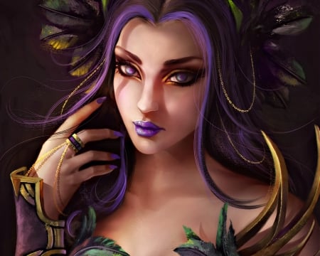 Fantasy girl - girl, beauty, jewel, garvel, fantasy, hand, woman, purple plumes, face, art, luminos