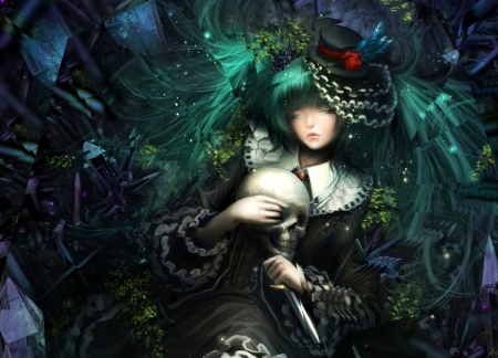 Hatsune Miku - skull, hatsune miku, realistic, pixiv, girl, hat, vocaloid, green, anime, manga