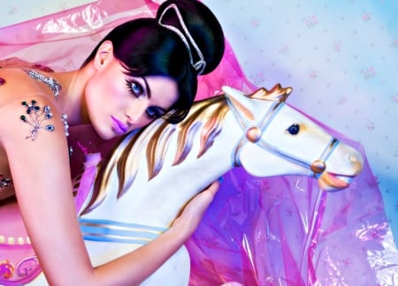 Isabeli Fontana - white, isabeli fontana, purple, horse, pink, model, girl, woman