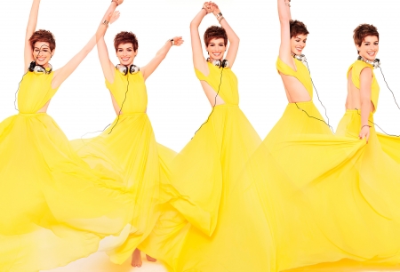 Anne Hathaway - white, woman, actress, girl, dance, yellow, anne hathaway, dress