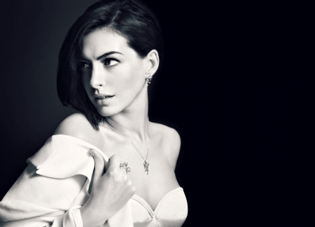 Anne Hathaway - white, woman, actress, girl, anne hathaway, bw, black