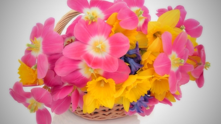 Basket of flowers - basket, flower, yellow, pink