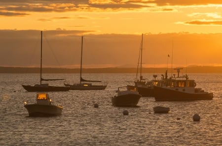 Sunset over ocean - nature, ocean, sunset, boats