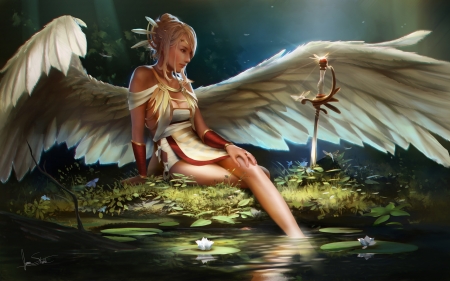 Good Angel - female, dress, grass, angel, forest, long hair, flowers, swoord, fantasy woman, weapon, lake, golden, lotto flowers, abstract, blonde hair, fantasy, white, lady, green, woman, wings, feathers