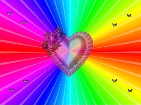 Heart, Roses and Butterflies - pretty, abstract, colorful, rainbow colors, butterflies, Heart, Roses