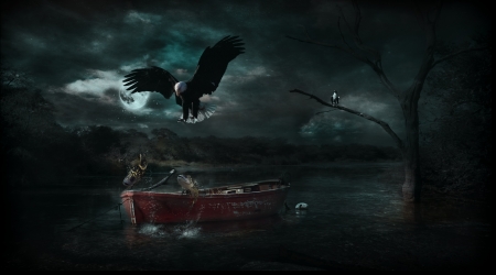 Night Eagle - eagle, fantasy, night, boat