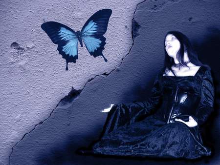 Blue Dreams - woman, dreams, blue butterfly, gothic, butterfly, dark, blue dreams, blue, brunette