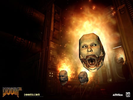 Three Flaming Heads - scary, unfriendly, heads, flames, doom iii, skulls, fire