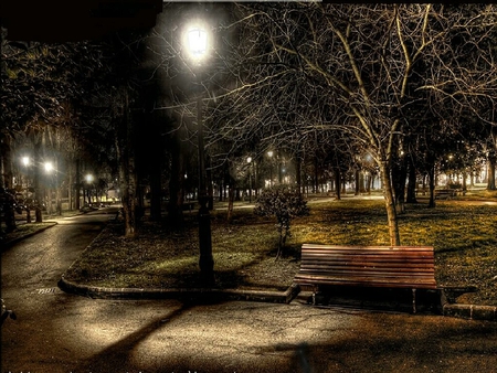 Bench Hunter - hunter, bench, dark, park, lamps