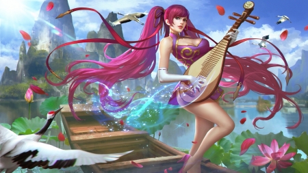 Zhaojun Rhapsody - woman, heroes of newerth, girl, crane, instrument, fantasy, bird, white, game, pink, zhaojun rhapsody, blue