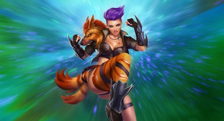 Rogue Foxy - woman, rogue foxy, girl, fantasy, purple, game, juggernaut wars, blue, green, orange