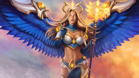 Mereside - game, yellow, blue, girl, feather, angel, fantasy, woman, juggernaut wars, mereside, wings