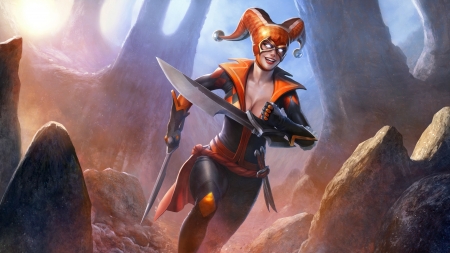 Adele Harlequin - woman, girl, fantasy, game, juggernaut wars, blue, orange, sword, adele harlequin