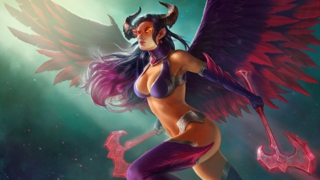 Demoness Lishet - woman, girl, wings, fantasy, demoness lishet, horns, game, juggernaut wars, pink, blue, succubus, feather, demon