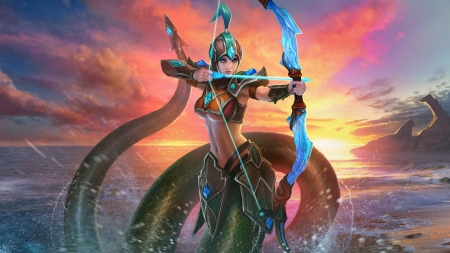 Naga Kertana - game, archer, snake, blue, girl, sea, orange, fantasy, sunset, naga kertana, woman, juggernaut wars