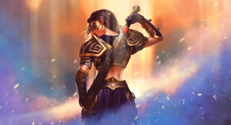 Hanna the Inquisitor - woman, girl, black, hanna the inquisitor, game, juggernaut wars, blue, orange, sword