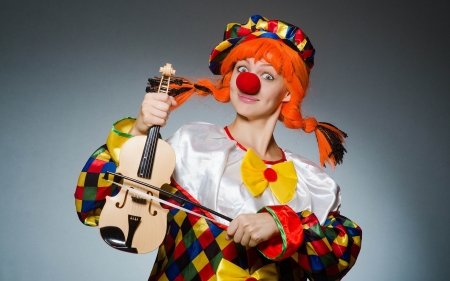 Clown girl - yellow, violin, girl, orange, black, instrument, clown, white, red, woman, model