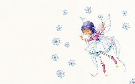 Winter fairy - marina fedotova, blue, girl, copil, child, white, snowflake, wings, fairy, cute, card