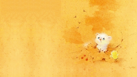 The white cat and the bird - autumn, cat, child, leaf, illustration, white, orange, card, cute, ekaterina babok