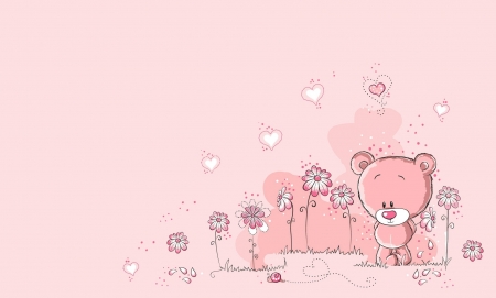 Pink Teddy Bear in a pink world - flower, pink, cute, illustration, toy, card, valentine, teddy bear, heart