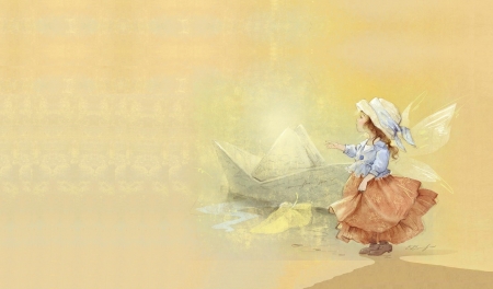 Fairy - wings, child, copil, paper boat, illustration, fantasy, art, orange, fairy, cute, ekaterina babok