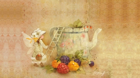 Harvest - autumn, girl, berry, wings, child, copil, illustration, fantasy, fruit, harvest, card, fairy, cute, ekaterina babok