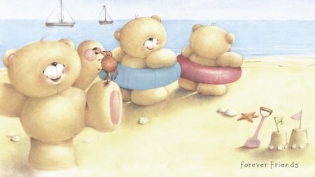 Happy summer! - summer, pink, cute, beach, blue, toy, card, teddy bear, sea