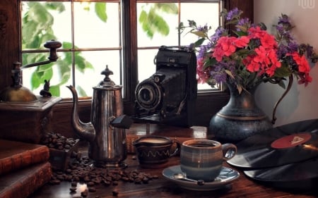 Still Life - flowers, coffee pot, camera, coffee