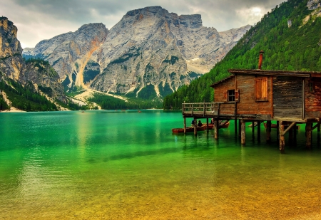 Lake in South Tyrol, Italian Alps - water, cabin, mountains, trees