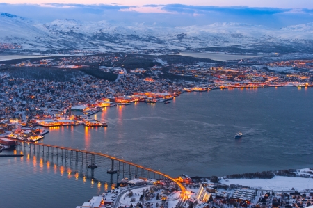 Tromsoe, Norway - snow, clouds, water, city, sea, lights