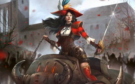 Fantasy girl - hat, mechanical, game, steampunk, girl, sword, fantasy, red, woman, bull