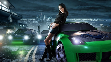 Beauty - black, car, woman, green, racing, model, girl, beauty