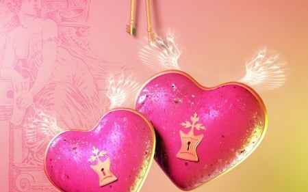 Happy Valentine's Day! - wings, card, pink, key, valentine, heart