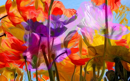 Flowers - glass, summer, painting, picture, art, purple, luminos, red, blue, orange, pictura, texture, flower