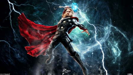 Thor - red, chris hemsworth, marvel, god, thor, actor, blue, man