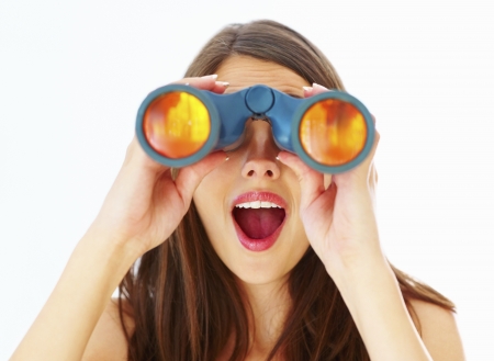 Spying - white, woman, girl, yellow, surprised, binoculars, funny face, model