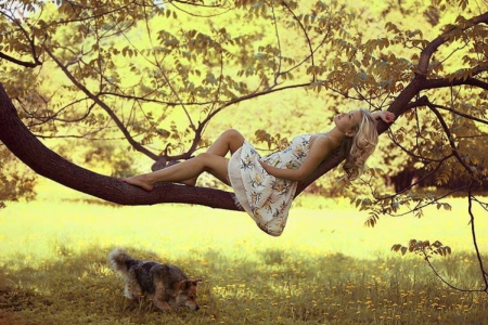 Relaxation - tree, girl, sunlight, relaxed