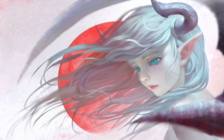 Sad Succubus - woman, beauty, tears, female, fantasy, horms, white, art, anime, fantasy woman, sadness, lady, girl, soft, sad, long hair, blue hair, abstract, red, beautiful, succubus