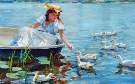 sunday afternoon - duck, girl, lake, boat