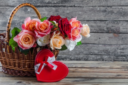 Basket with roses - gift, fragrance, roses, heart, colorful, valentine, bouquet, lovely, pretty, romantic, petals, beautiful, scent