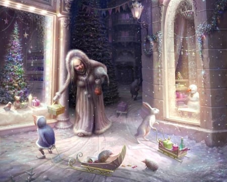 Petite rue - woman, street, cornacchia-art, fantasy, bunny, white, purple, art, rabbit, luminos, tree, old, snowman, craciun, winter, cornacchiaart, christmas, snow, blue, creature, cornacchia art, petite rue