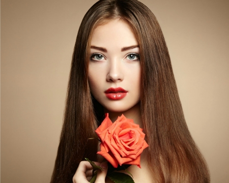 Beauty - girl, beauty, flower, orange, lips, red, woman, model, rose, face, oleg gekman