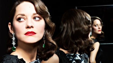 Marion Cotillard - woman, actress, girl, lips, marion cotillard, jewel, black, face, red