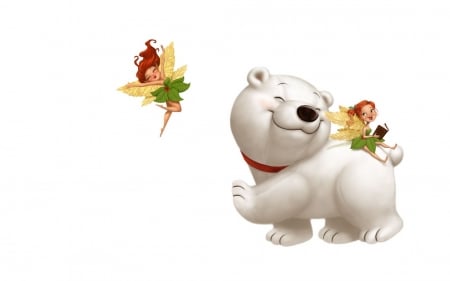 Friends - cute, yellow, polar bear, girl, wings, white, card, fantasy, teddy bear, fairy, green